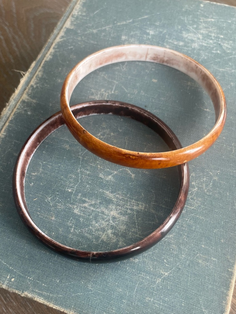 Set of Two Marbled Resin Bangle Bracelets in Brown and Amber
